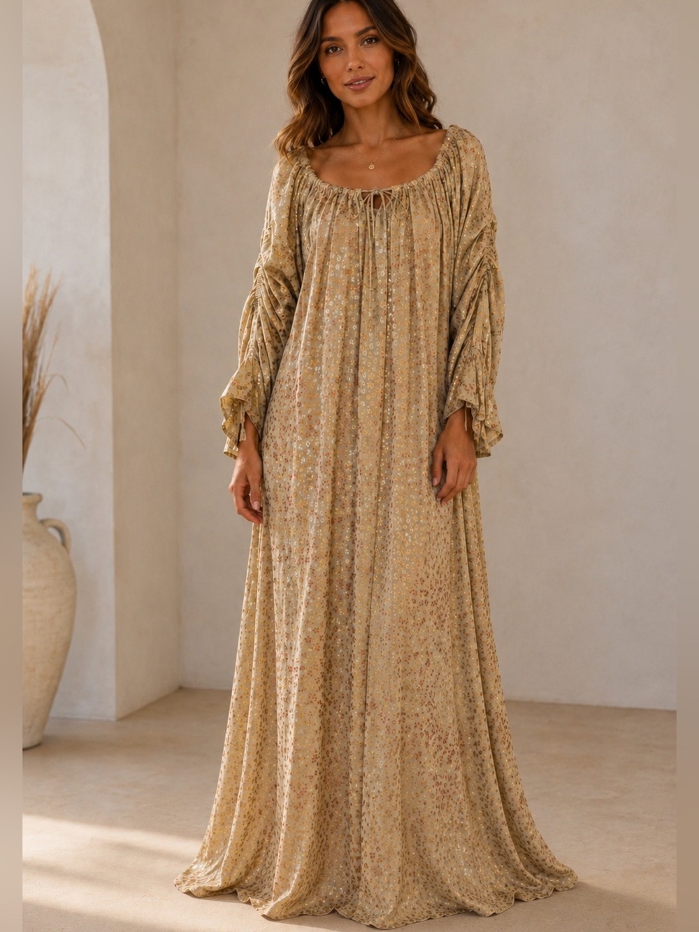 The Pyramid Collection Boho Maxi Dress with Gold Foil